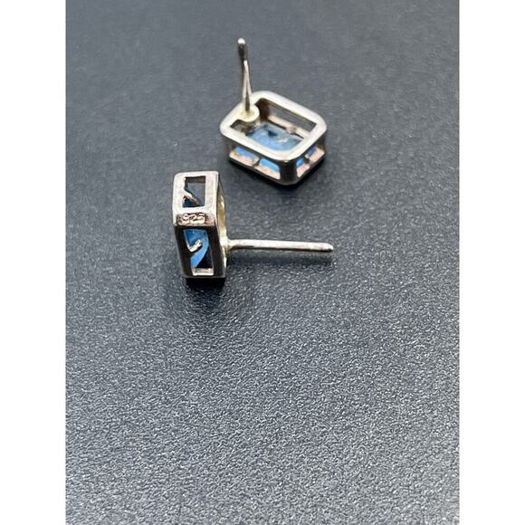 Sterling Silver Stamped 925 Rectangular Blue Stone Stud Earrings - Picture 10 of 14